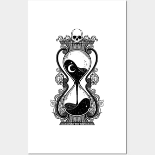 Antique Hourglass illustration with skull and stars. Memento mori Posters and Art